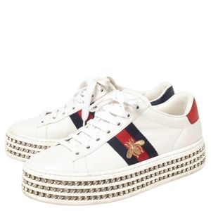 GUCCI White Leather And Bee Web Detail New Ace Crystal Embellished Platform